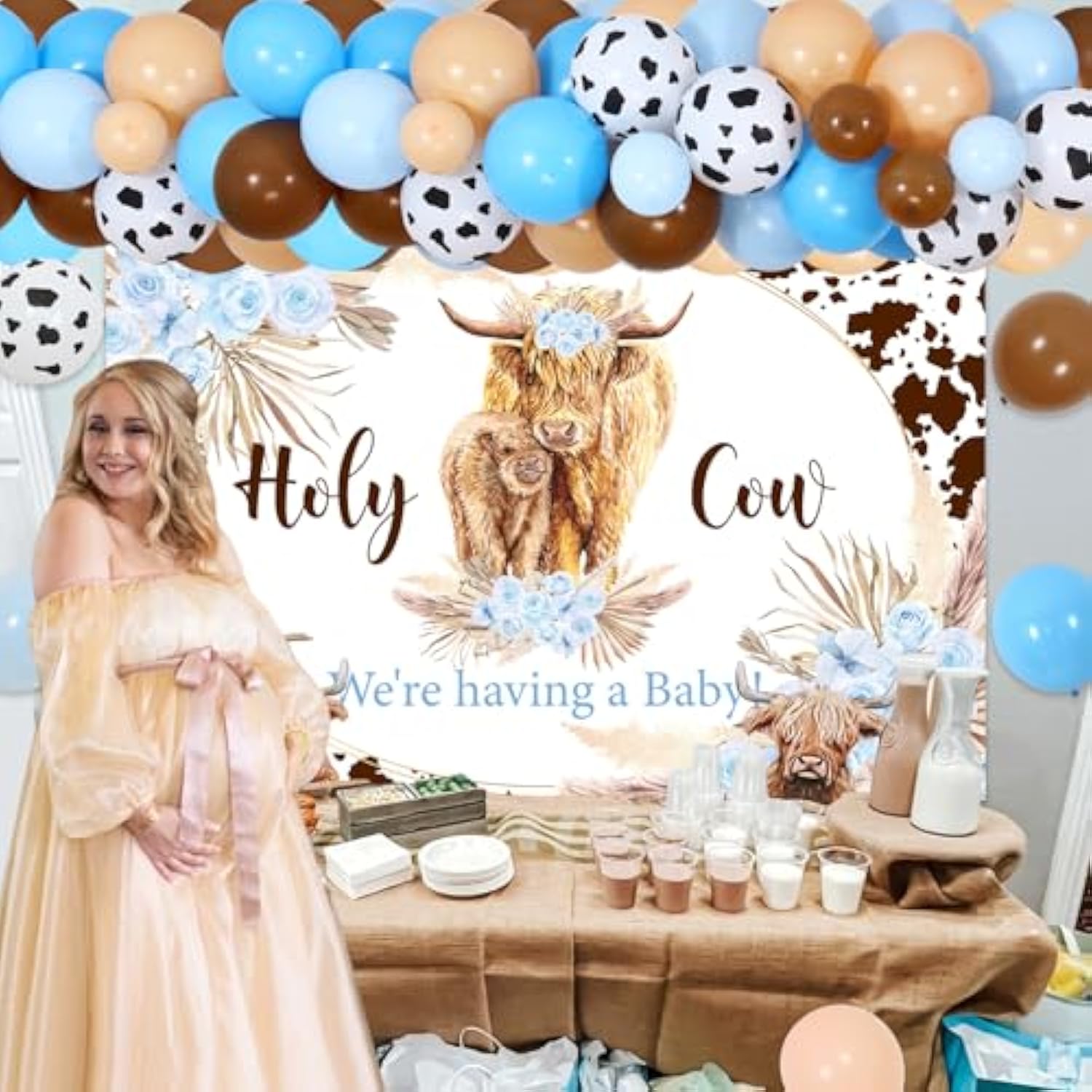 Highland Cow Baby Shower Decor - Blue Cow Balloon Garland & Baby Backdrop Kit