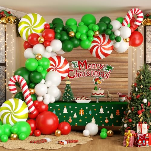 Christmas Balloon Garland Arch Kit, 135Pcs Red Green White Gold Balloons for Candy Cane Friendsmas Christmas Party Decorations