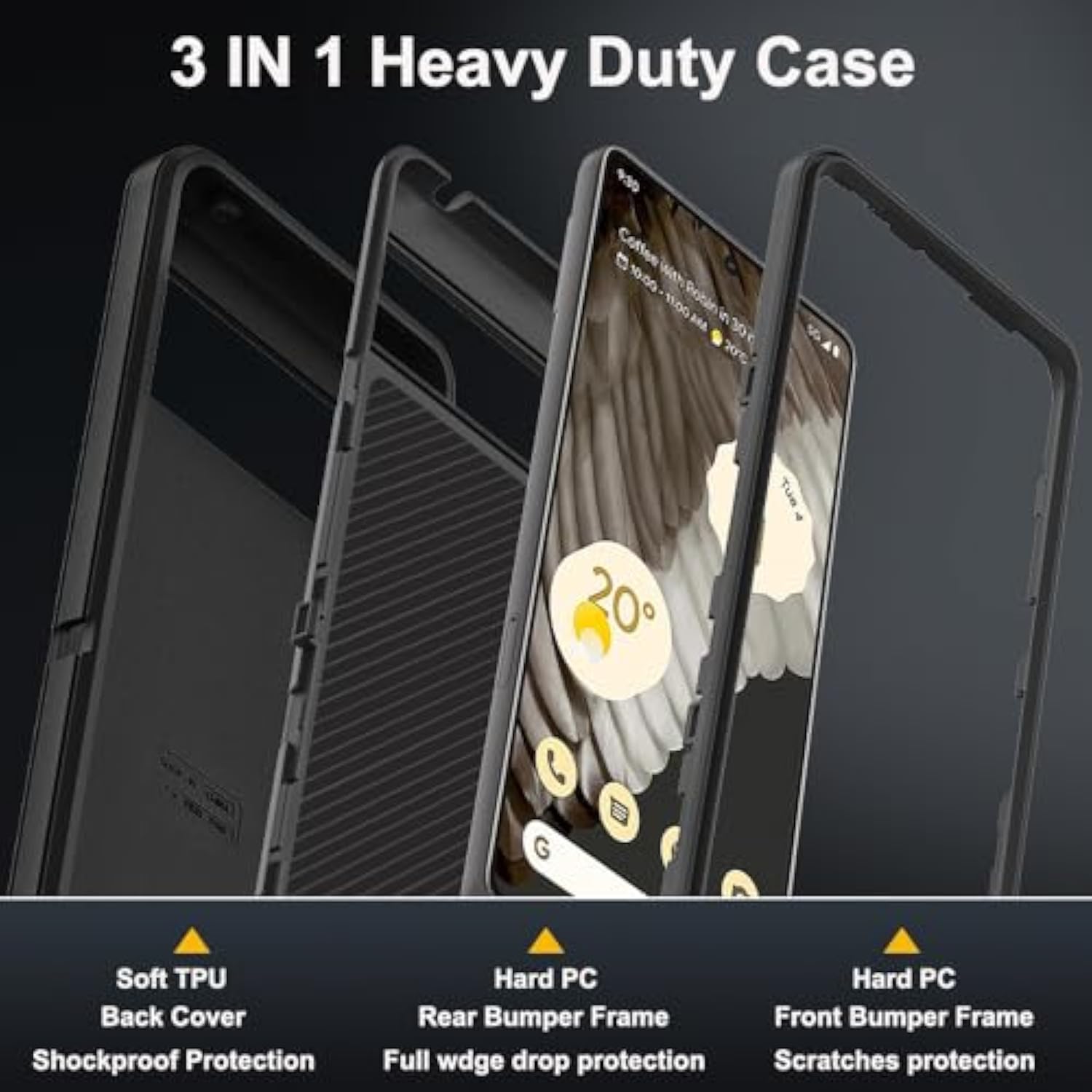 For Google Pixel 7 Pro Case With 2Pcs Self Healing Flexible Tpu Screen Protector & Camera Lens Protector, 3 In 1 Heavy Duty Shockproof/Drop Proof/Dust Proof Case (Black/Black)