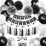 Birthday Decorations For Men, Black And Silver Happy Birthday Party Decorations, Black And White Party Supplies - Banner, Balloons, Tissue Pompoms, Swirls, Tassels Garland