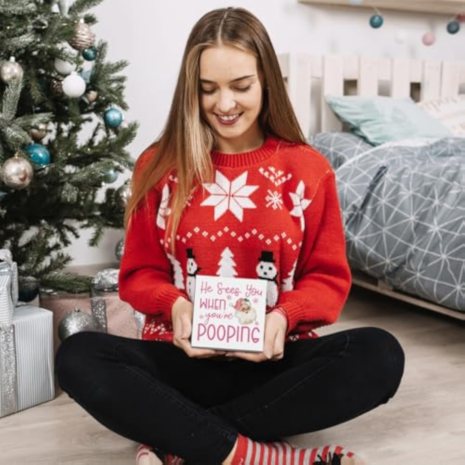 Funny Pink Christmas Bathroom Sign Wooden Box Decor for Home or Office