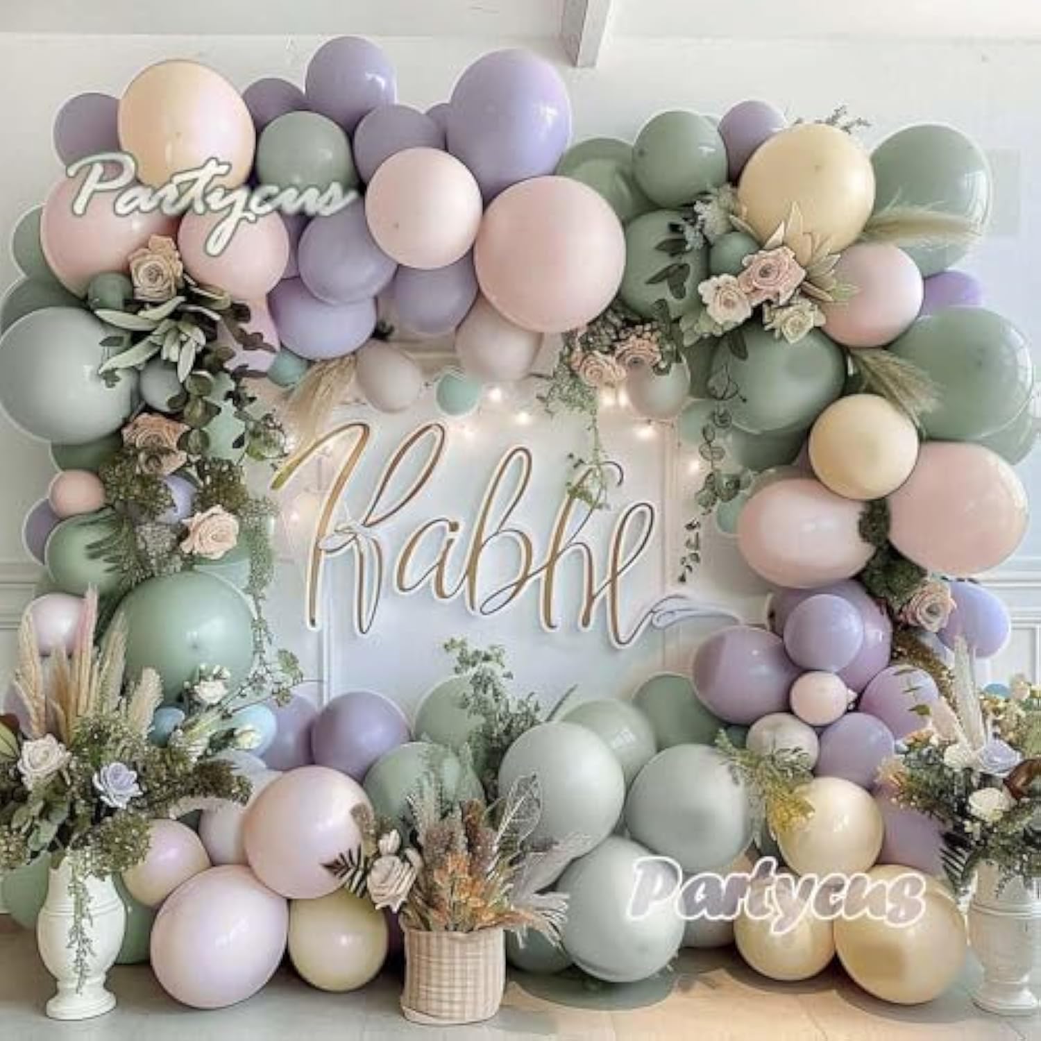 Dusty Green Purple Pink Balloon Garland, Double Stuffed Lavender Light Mist Green Ivory Pastel Balloon Arch Kit With Lilac Blush Latex For Baby Shower Birthday Wedding Flower Party Decoration