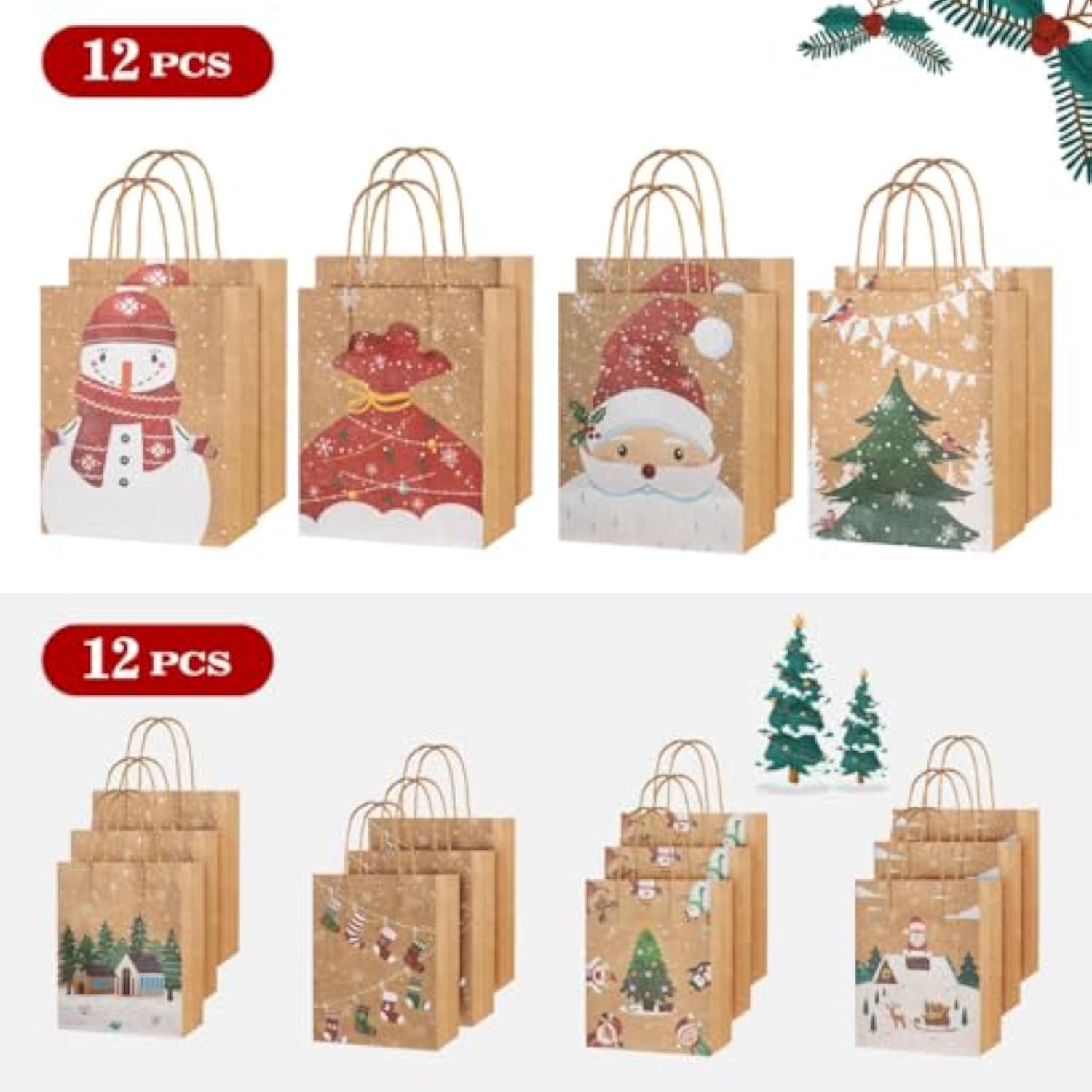 Christmas Gift Bags, 24-Pack Kraft Paper Gift Bags With Handles, 12 Large 13” & 12 Medium 9” Assortment For Holiday Party Favors, Gift Wrapping, Xmas Decor