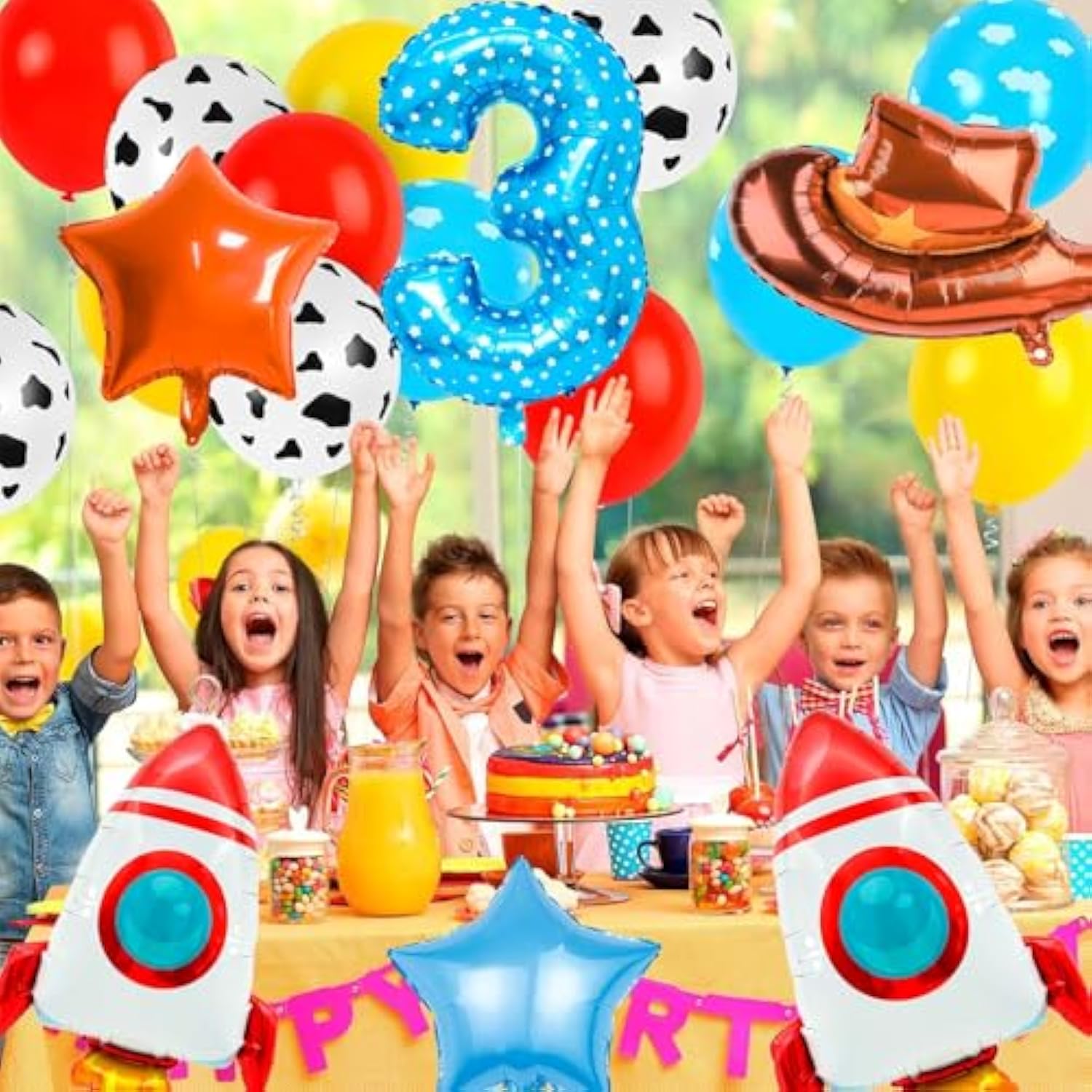 Toy Themed Number 3 Balloon with Rocket & Cowboy Hat Kids Birthday Decor