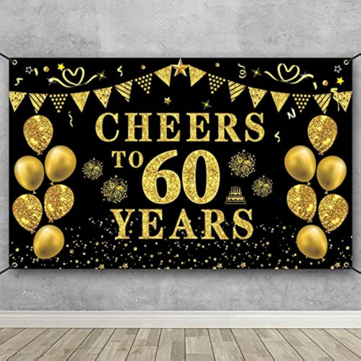 60Th Birthday/Anniversary/Wedding Decorations For Women Men, Cheers To 60 Years Banner, Black And Gold 60Th Birthday Backdrop, 60 Bday Decorations Party Banner Photography Supplies Background