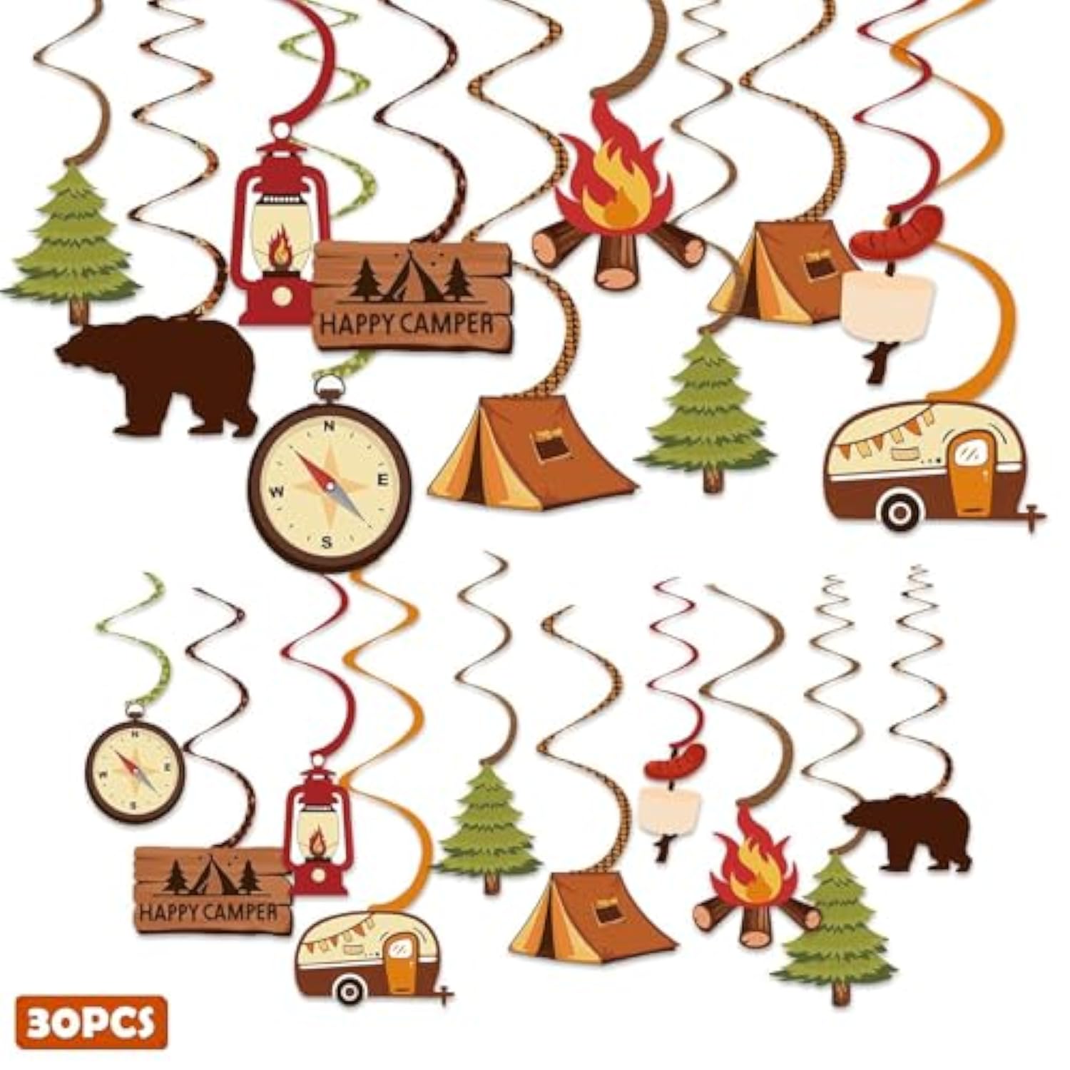 30Ct Happy Camper Party Hanging Swirls Decoration Camping Kids Birthday Photo Props Ideas Tent Cutouts Adventure S'More Whirls Signs Baby Shower Favor Supplies