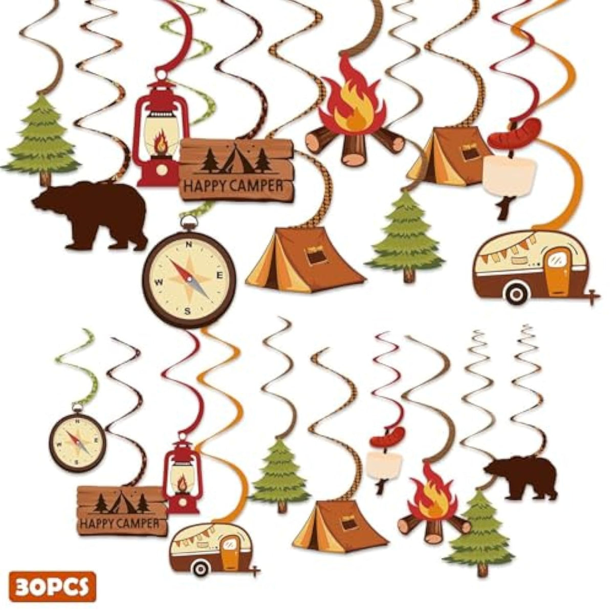 30Ct Happy Camper Party Hanging Swirls Decoration Camping Kids Birthday Photo Props Ideas Tent Cutouts Adventure S'More Whirls Signs Baby Shower Favor Supplies