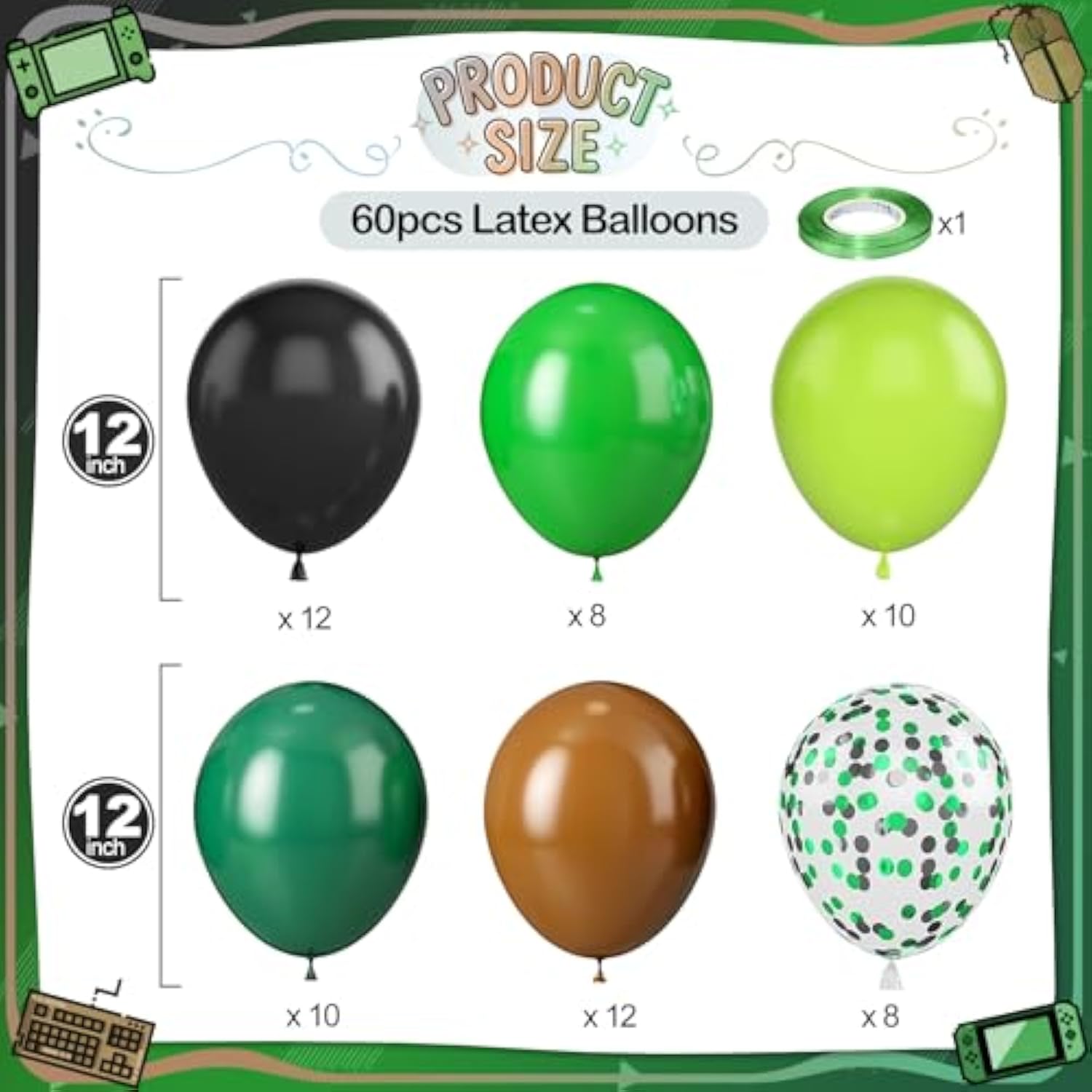 Green Brown Balloons, 60 Pcs 12 Inch Dark Green Black Confetti Balloons For Boys Men Kids Video Game Theme Jungle Safari Baby Shower Woodland Hunting Graduation Camo Birthday Army Party Decorations