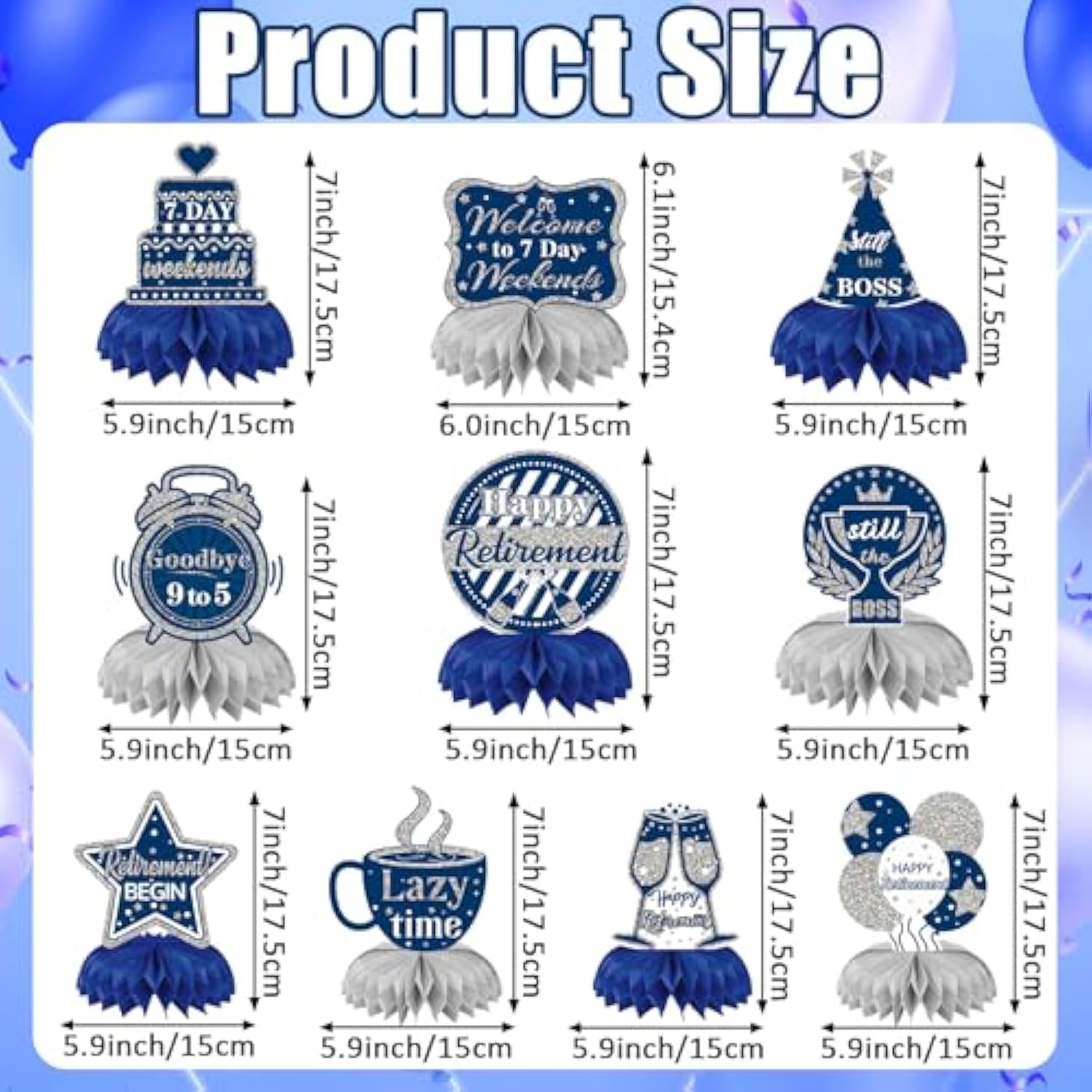 10PCS Blue & Silver Retirement Party Honeycomb Centerpieces for Happy Retirement Decor