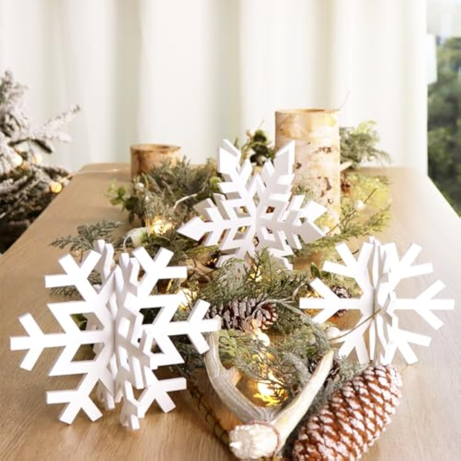 Christmas Table Wooden Sign, 3 Pcs White Snowflake Rustic Farmhouse Decoration, Multiple Sizes Tiered Tray Decor For Xmas New Year Winter Holiday Home