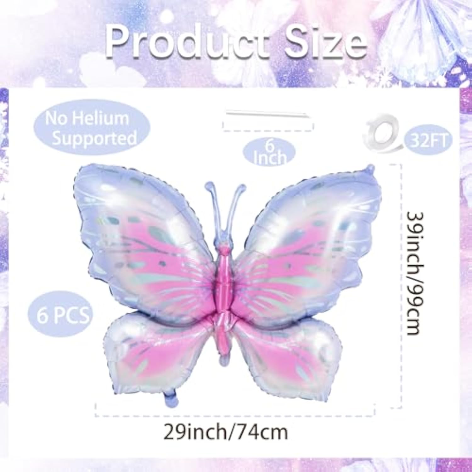 6 Pieces 39 Inches Purple Butterfly Balloons - Large Gradient Butterflies Foil Mylar Balloons For Birthdays, Garden, Spring Decorations, Butterfly-Themed Event, Baby Shower, And Wedding Party Supplies