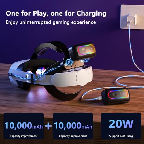 20000mAh Battery Head Strap Compatible with Meta/Oculus Quest 3 & 3S Includes 2 Rechargeable Magnetic Battery Packs for Charging and Extended