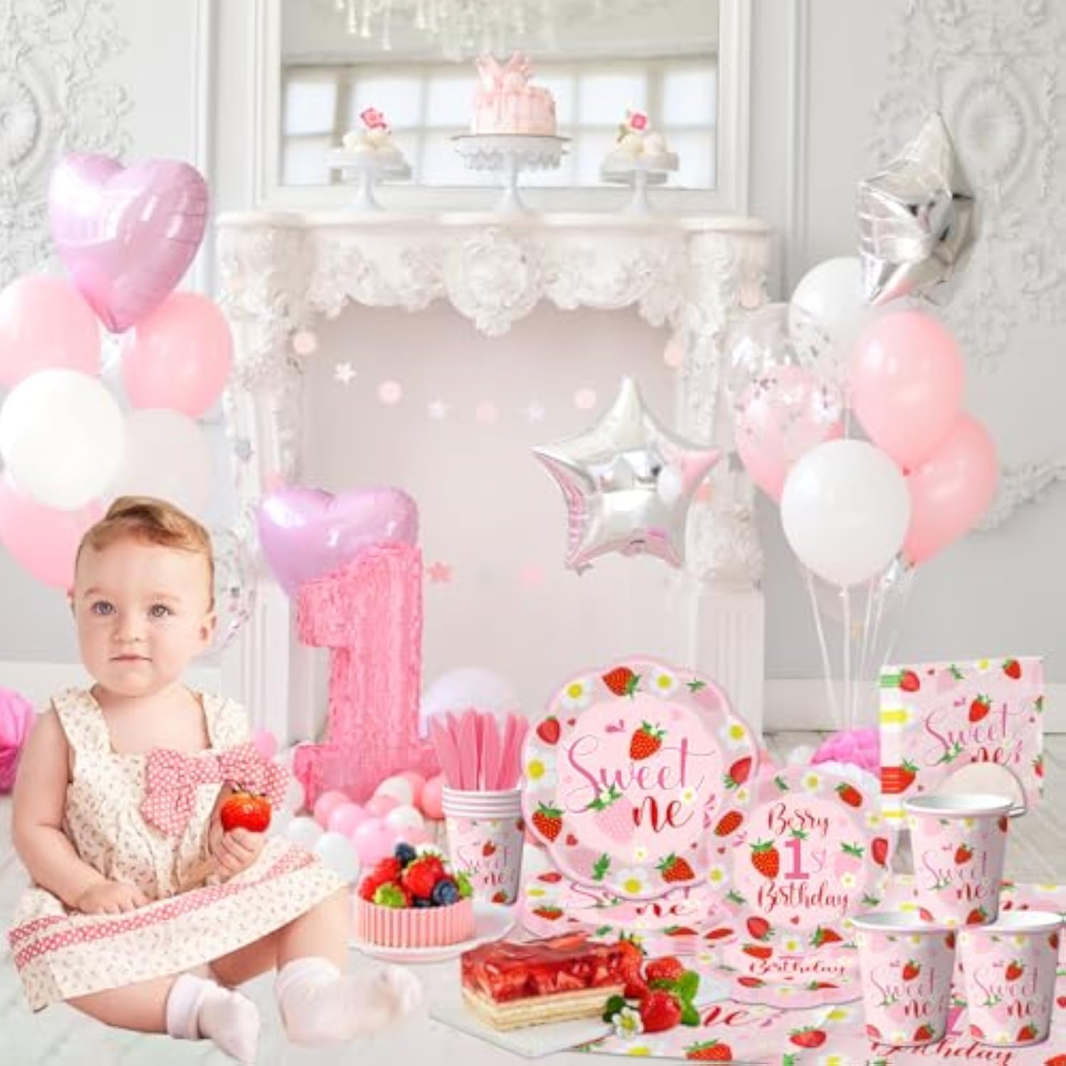 Berry First Birthday Decorations Tableware,150Pcs Berry Sweet One Plates And Napkins,Cup, Forks Knives,Strawberry First Birthday Decorations For Girl,Serve 25