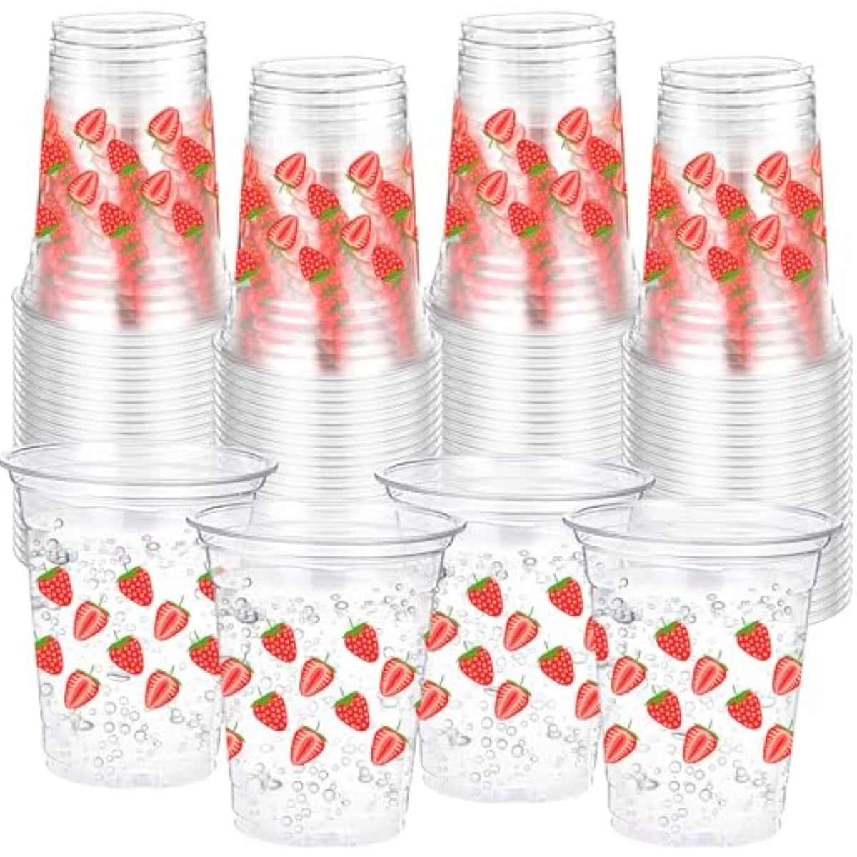100 Pack Strawberry Plastic Cups 16 Oz Red Strawberry Disposable Clear Fruit Cups For Birthday Baby Shower Summer Party Supplies Favors