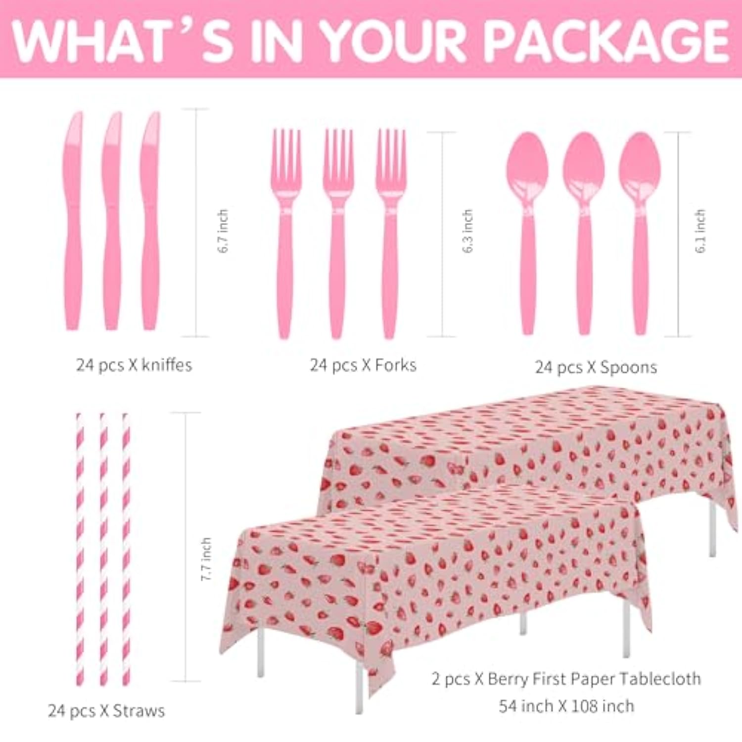 Strawberry 1St Birthday Decorations Tableware - Strawberry First Sweet One Birthday Party Supplies, Paper Plate, Cup, Napkin, Tablecloth, Disposable Cutlery | Serves 24