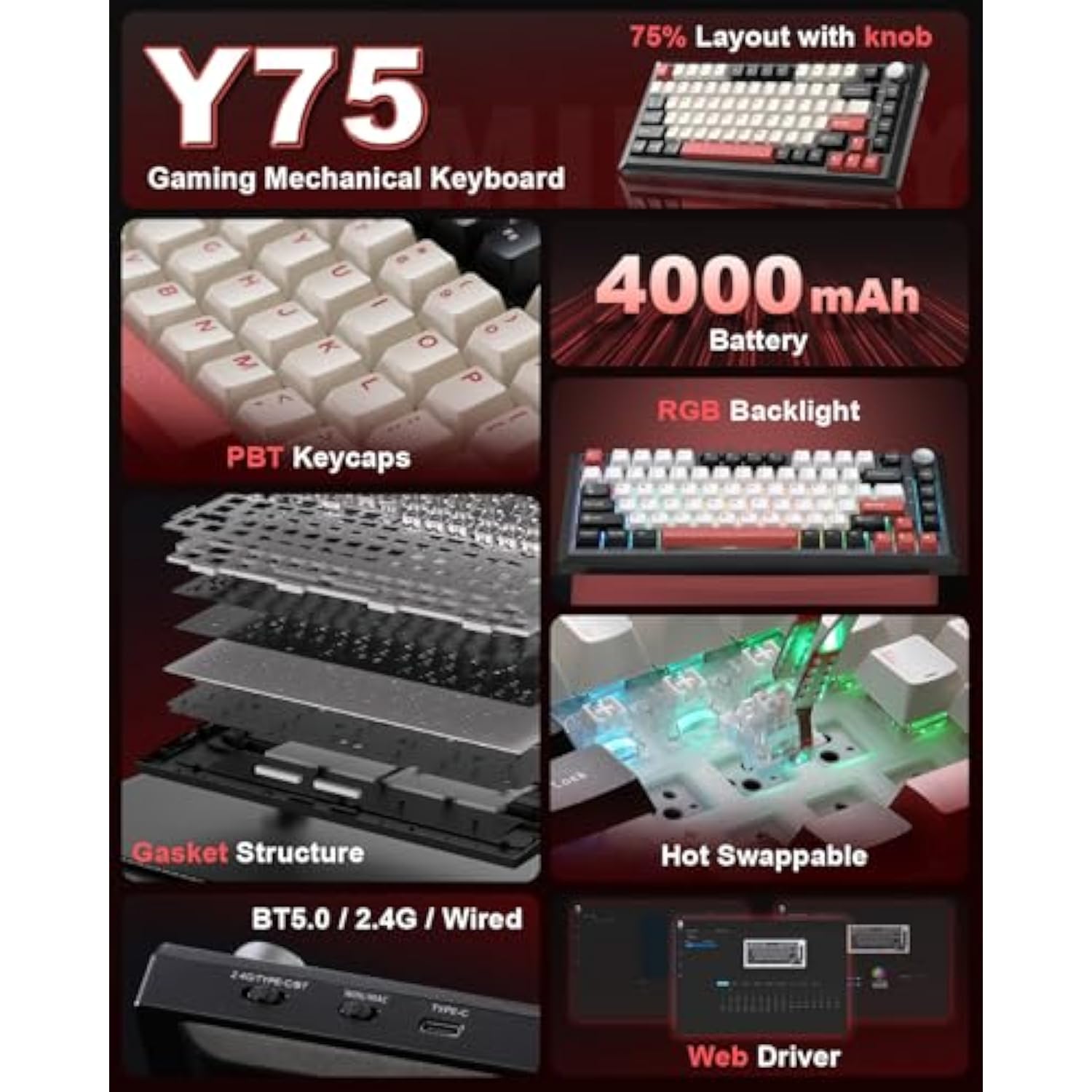 Y75 Wireless Mechanical Keyboard,75% Hot Swappable Custom Keyboard With Knob,Rgb Backlit, Pbt Keycaps,2.4Ghz/Usb-C/Bt5.0 Mechanical Gaming Keyboards(Black&Red,Milk Switch)