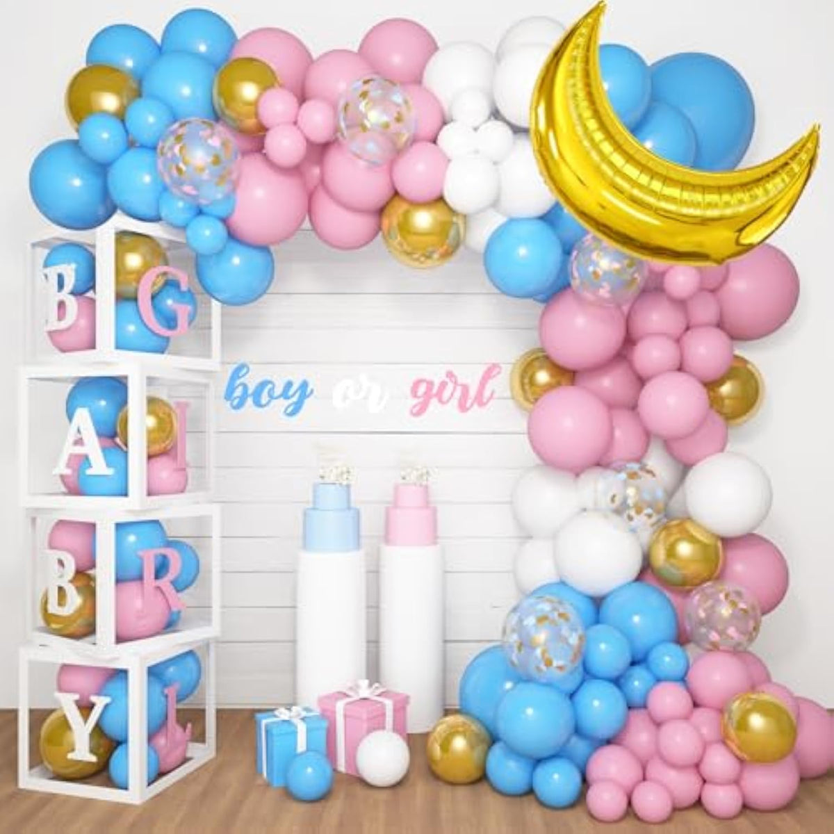 130Pcs Gender Reveal Balloon Decorations, Pink And Blue Balloon Arch Kit Baby Boxes With Letters(A-Z+Boy Girl) For Baby Shower Birthday He Or She Gender Reveal Party Supplies