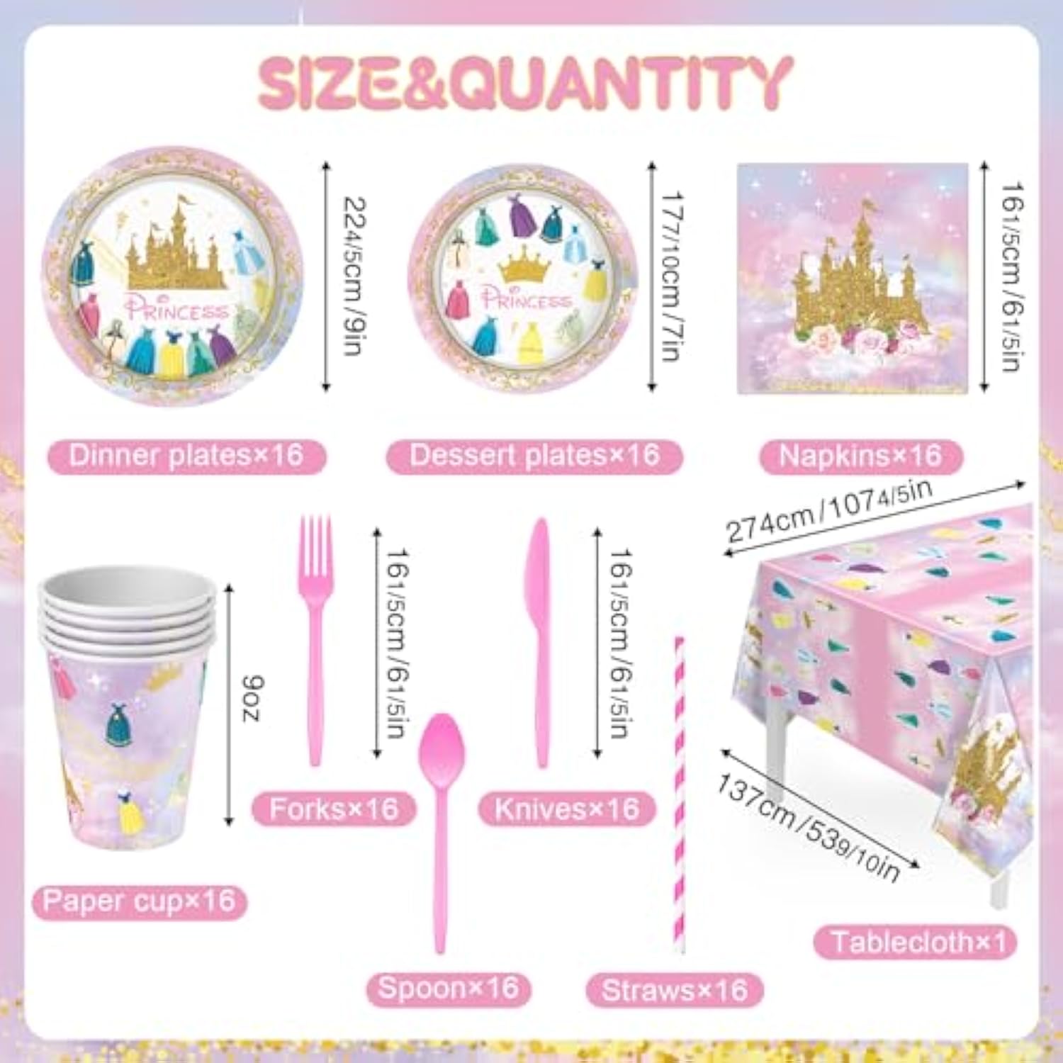 Princess Birthday Party Decorations, 166Pcs Princess Party Girls Decorations Set Includes Prin Cess Plates Napkins Cups Tablecloth Serve 16, Shoulder Strap Crown, Banner Garland Cake Toppers Balloons