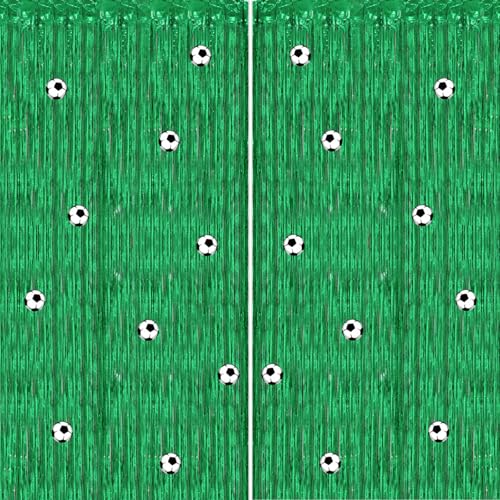 2026 Soccer Party Decorations - 2 Pack 3.3 x 6.6 FT Green Tinsel Backdrop Curtain Soccer Foil Fringe Curtains Green Metallic Photo Backdrop Sports Theme Birthday Party Supplies Hanging Wall Décor