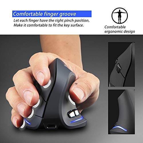 Wireless Ergonomic Mouse,2400 Dpi (3-Level Adjustable),Rechargeable Vertical Mouse For Reduced Wrist Strain,Led Lighting,2.4G With Usb Receiver,Optical Portable Mice For/Laptop/Pc (Black)