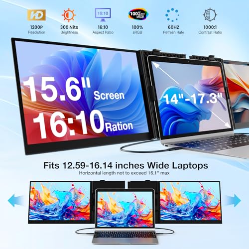 Laptop Screen Extender, Ultra-Thin 15.3" Fhd 1200P 16:10 Portable Monitor For Laptop, Lightweight Travel Monitor Extender Plug & Play For 14"-17.3" Laptops, Compatible With Wins/Mac/Android/Chrome