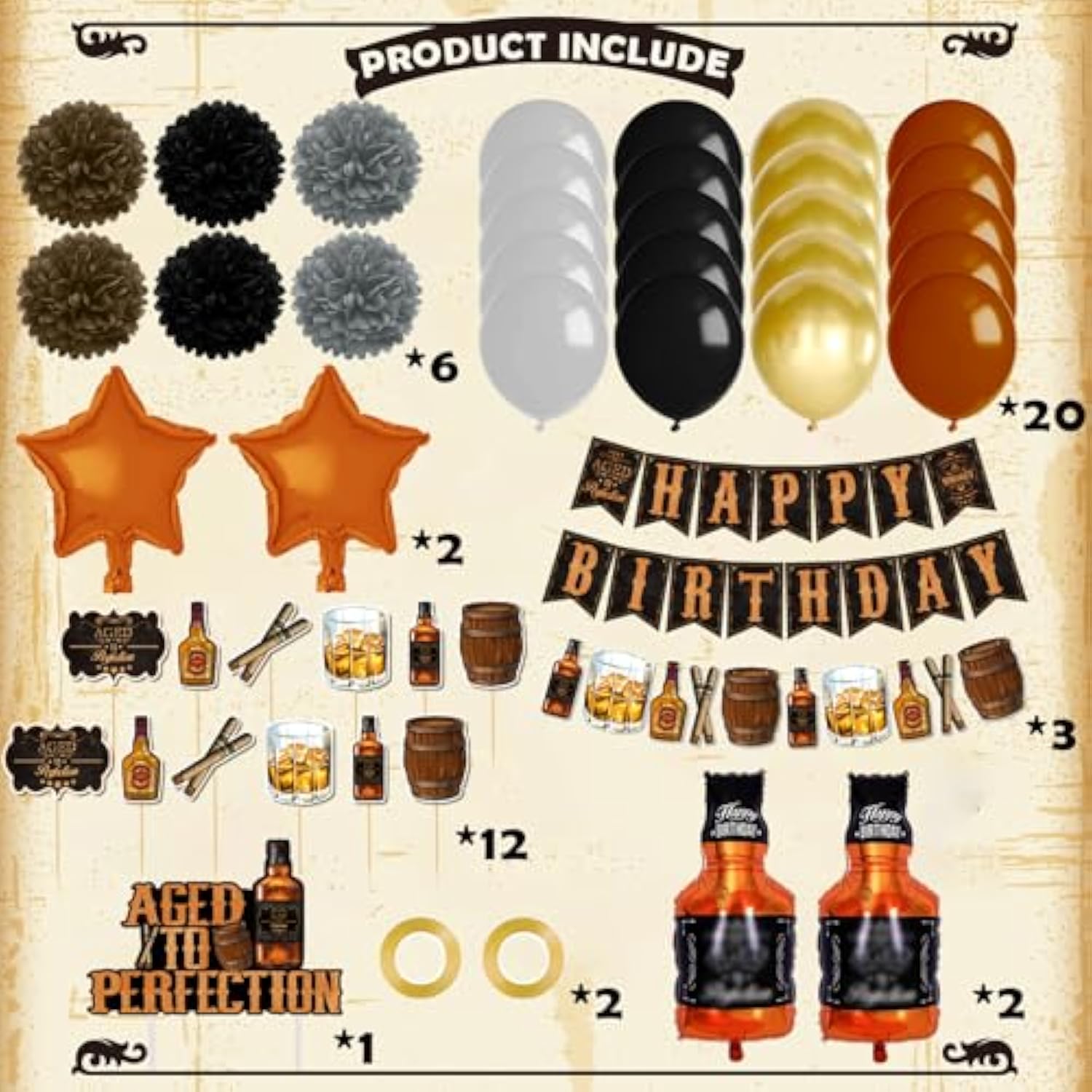 Whiskey Birthday Decoration Set: Aged to Perfection Party Decor