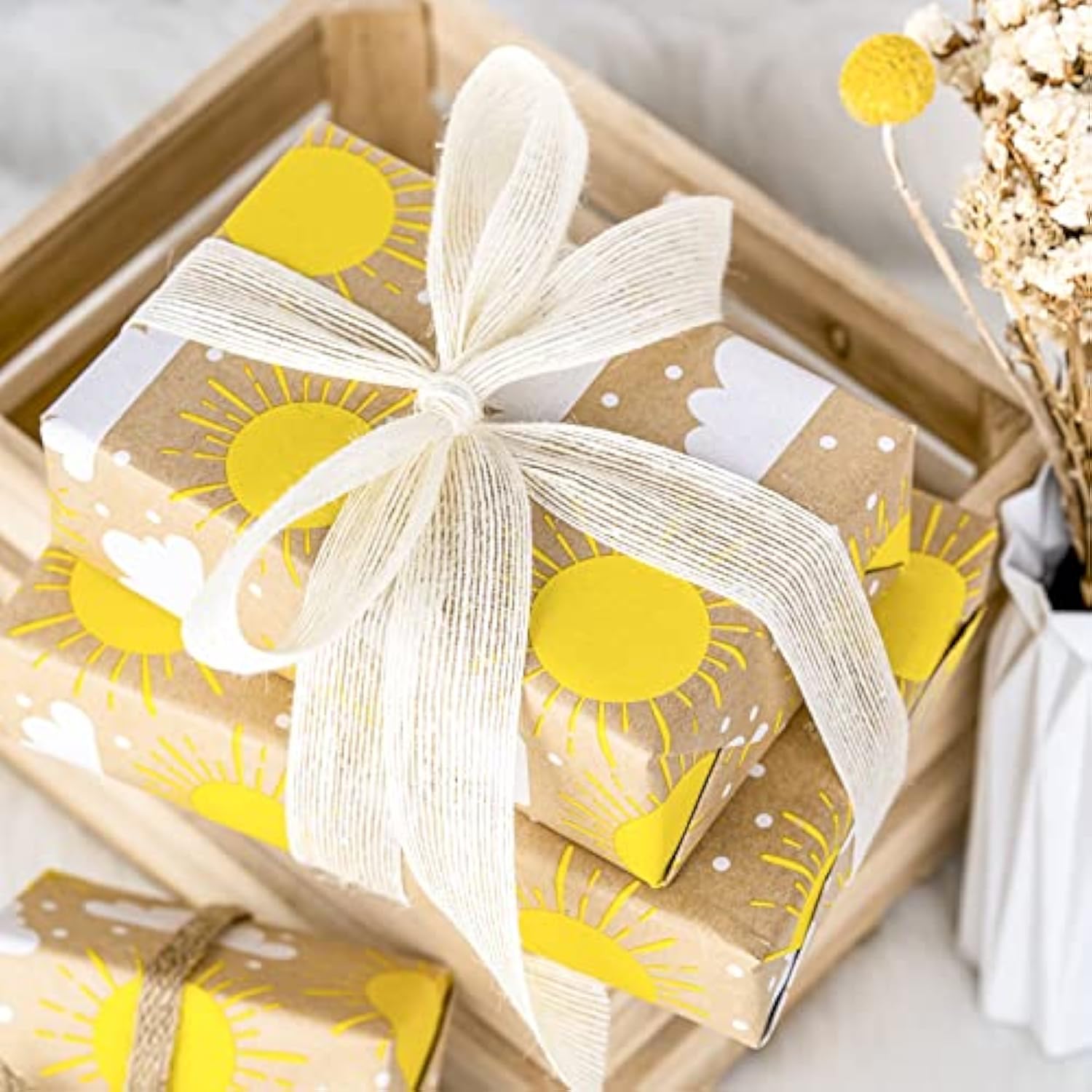 Kraft Wrapping Paper Roll - Mini Roll - Sun And Cloud Design Great For Birthday, Party, Baby Shower - 17 Inches X 32.8 Feet