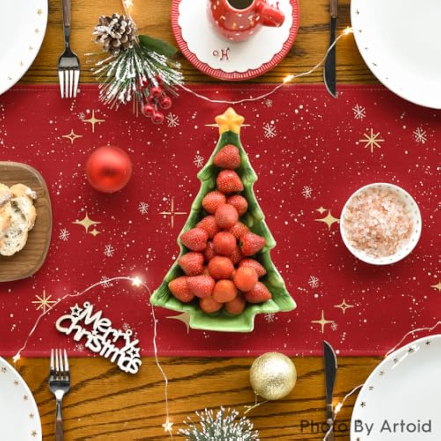 Xmas Trees Merry Christmas Table Runner, Seasonal Winter Red Kitchen Dining Table Decoration For Home Party Decor 13X72 Inch
