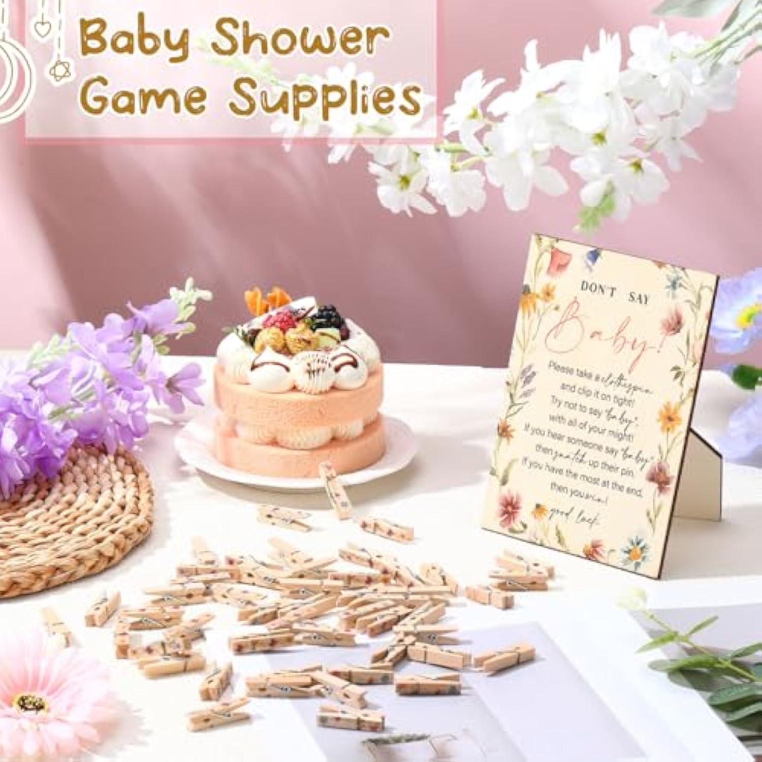 Baby Shower Games Supplies 1 Pcs Don'T Say Baby Clothespin Game Wooden Tabletop Sign With Stand And 50 Mini Natural Clothespins Floral Themed Clothes Pins Gender Reveal Party Decoration