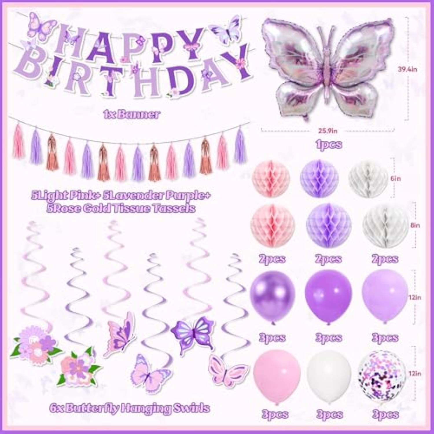 53Pcs Butterfly Birthday Decorations, Purple Butterflies Decorations With Honeycomb Ball Banner Butterflies Hanging Swirl Big Butterfly Foil Balloon For Women Butterflies Girl Theme Birthday Supplies