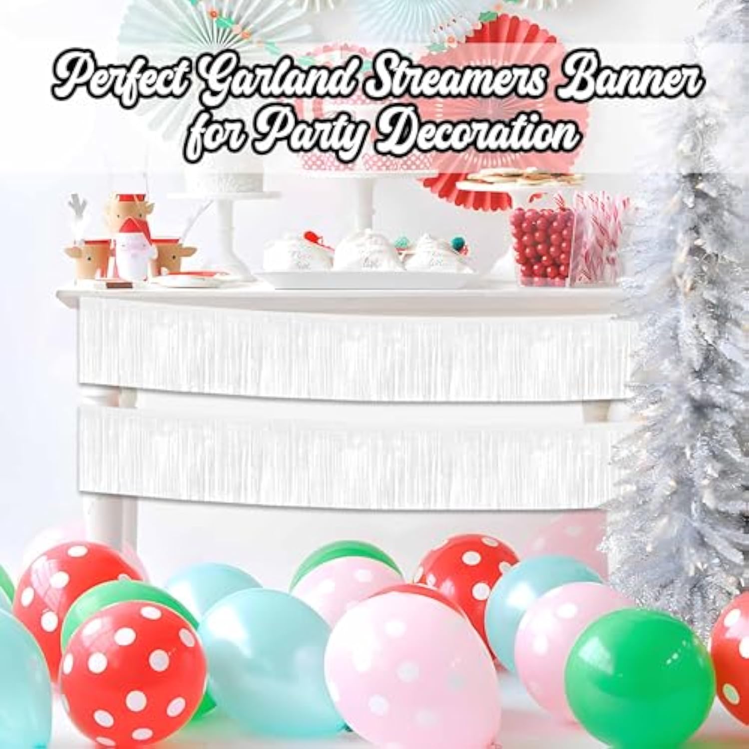 4 Pack 10 Ft Macaron White Foil Fringe Garland Metallic Streamers Tinsel Banner Wall Hanging Garland Backdrop For Parade Floats, Halloween, Christmas, Thanksgiving, New Year Party Decorations