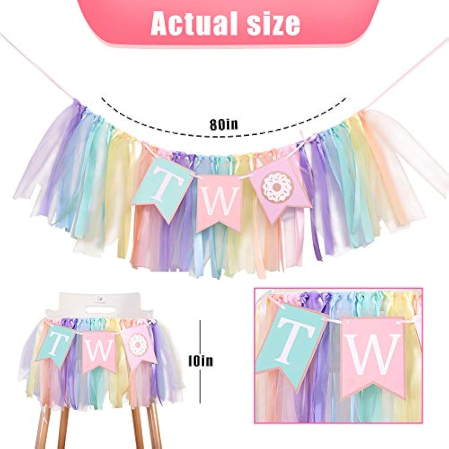 Donut Theme 2nd Birthday High Chair Banner – Rainbow Ribbon Tutu Party Decor