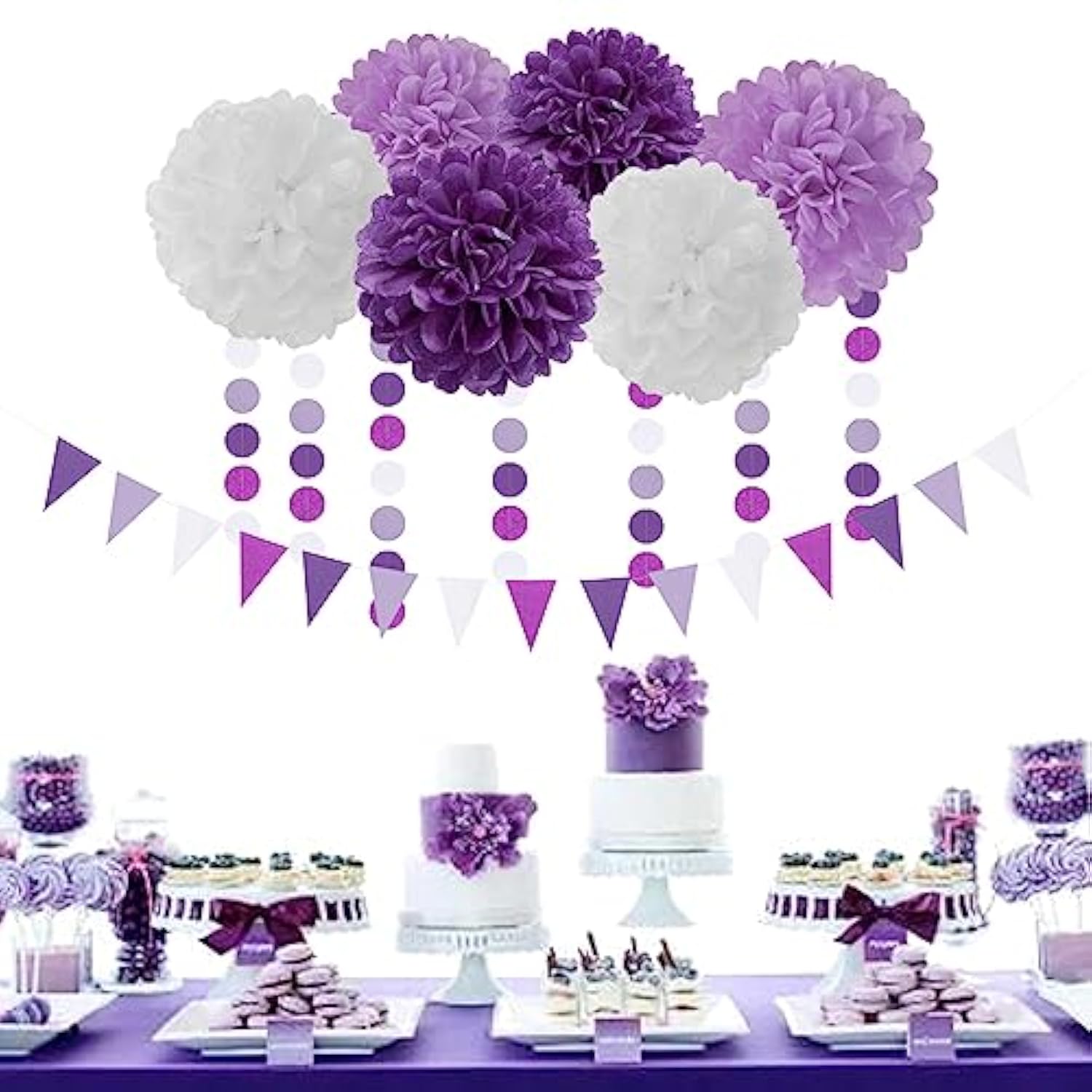 Purple White Lavender Party-Decorations Streamers - 28Pcs Tissue Pom Poms,Women Girl Birthday Supplies Tassel Garland Banner,Baby Bridal Shower Wedding Engagement Bachelorette Graduation Decor