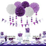 Purple White Lavender Party-Decorations Streamers - 28Pcs Tissue Pom Poms,Women Girl Birthday Supplies Tassel Garland Banner,Baby Bridal Shower Wedding Engagement Bachelorette Graduation Decor