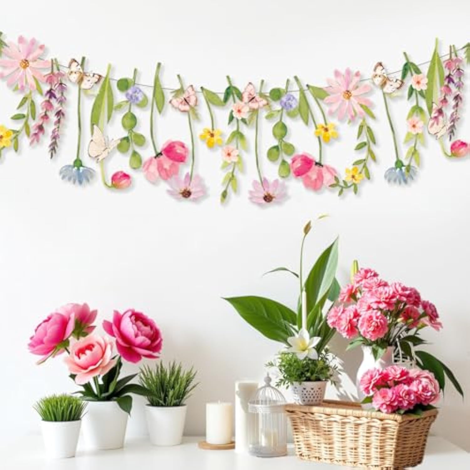 Butterfly Banner Wildflower Party Decorations Paper Flower Leaves Banner Butterfly Garland For Wall Decoration Spring Baby Shower Wedding Backdrop Decorations