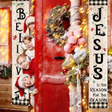 Christmas Jesus Door Banner Porch Sign Jesus Is The Reason For The Season Religious Hanging Decorations Xmas Nativity Scene Black White Buffalo Plaid Banner Flag For Holiday Home Outdoor Wall