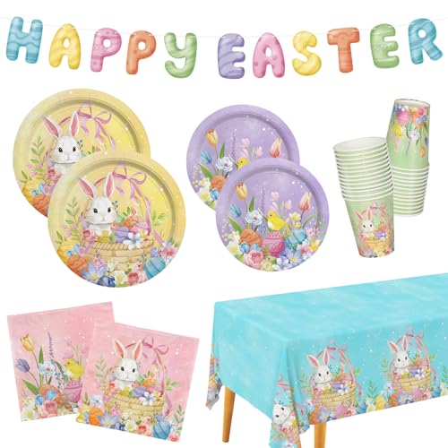 Happy Easter Supplies Kit for 25 Guests - Easter Bunny Decorations, Includes Dinner & Dessert Plates, Napkins, Cups, Banner and Tablecloth in Pink, Purple