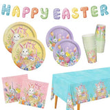 Happy Easter Supplies Kit for 25 Guests - Easter Bunny Decorations, Includes Dinner & Dessert Plates, Napkins, Cups, Banner and Tablecloth in Pink, Purple