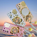 For Samsung Galaxy A16 5G Case For Women Girls With Phone Charm Strap[Compatible With Magsafe] [Camera Lens Protector][Bling Diamond Flower Kickstand] Cute Girly Phone Case For Samsung A16 5G Pink