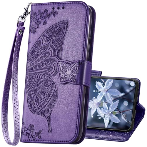 For Galaxy S25 5G Phone Case Wallet,Women Flip Folio Cover With Credit Card Holders Slots Butterfly Embossed Pu Leather Kickstand Wrist Strap Purse For Samsung S25 (Purple)
