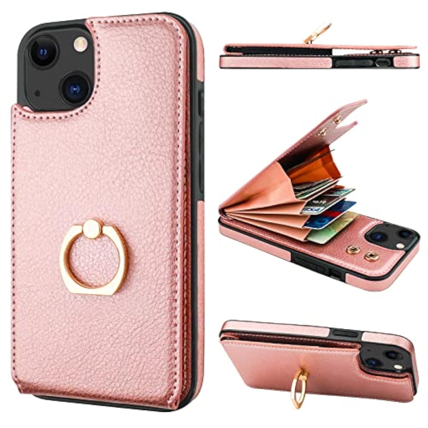 Compatible With Iphone 13 Case Wallet With Card Holder, 360°Rotation Finger Ring Holder Kickstand Protective Rfid Blocking Pu Leather Double Buttons Flip Shockproof Cover 6.1 Inch Rose Gold