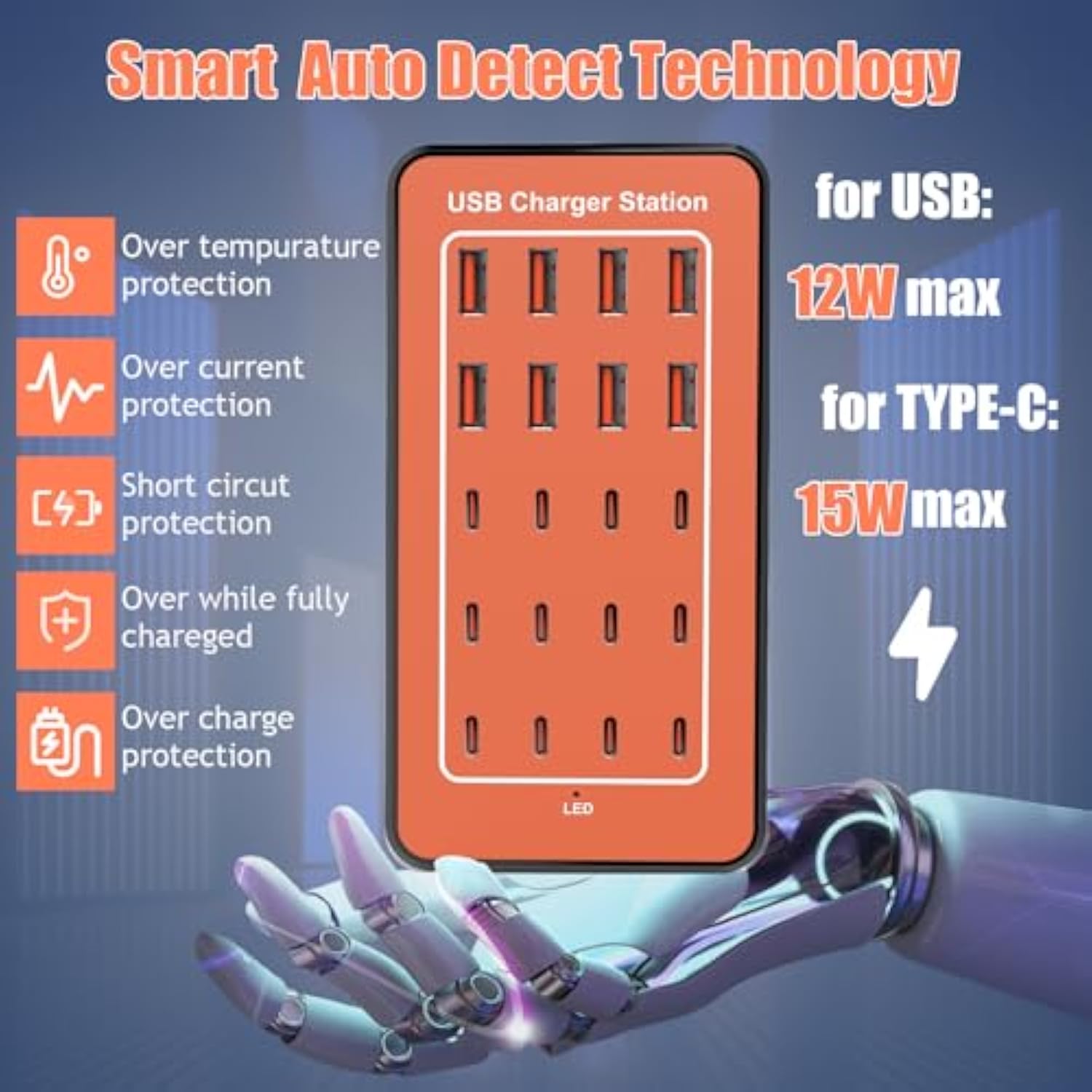Multi Usb Charger Station, 20-Port 100W/20A Multiport Usb Charging Station With Auto Detect With Type-C 3A For Smartphone Tablets Multiple Devices