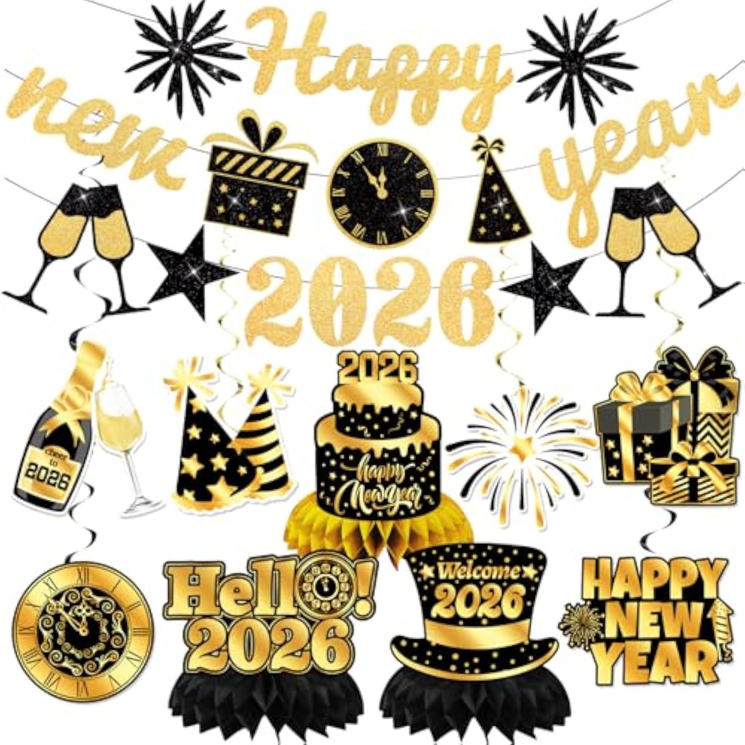 16pcs Gold Black New Year 2026 Decorations Banner Swirls Honeycomb Decor
