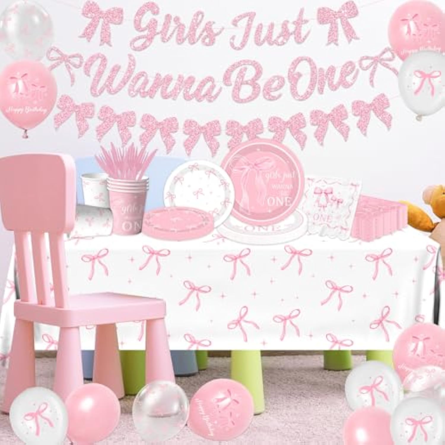 190Pcs Pink Bow 1St Birthday Decorations, Baby Girl First Birthday Party Supplies Includes Girls Just Wanna Be One Plates Napkins Cups Tablecloth Banner Balloons For Girls Bow Party Decor