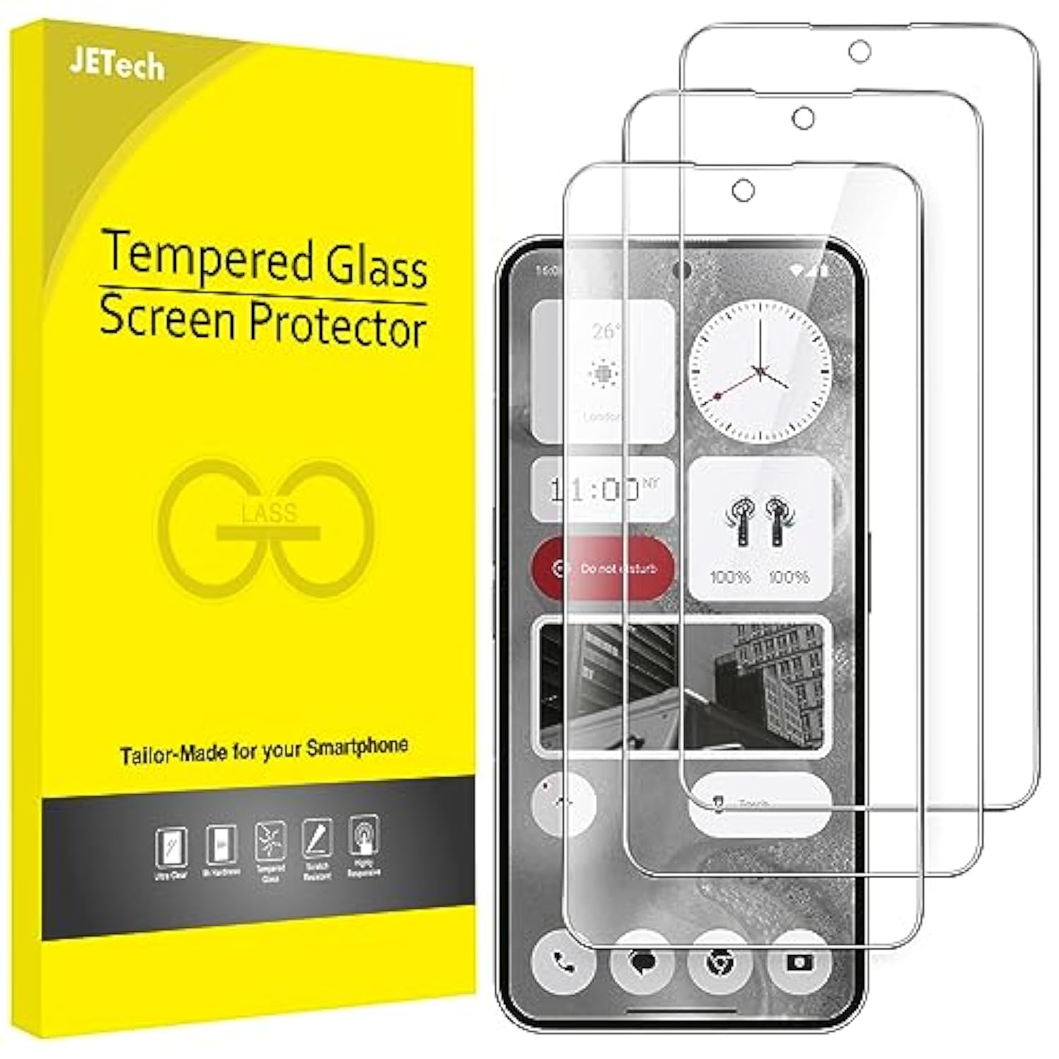 JETech Screen Protector for Nothing Phone 2 6.7-Inch, 9H Tempered Glass Film, Anti-Scratch, HD Clear, 3-Pack