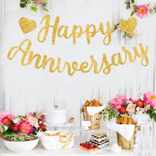 Pre-Strung Glitter Gold Happy Anniversary Banner Wedding Decor