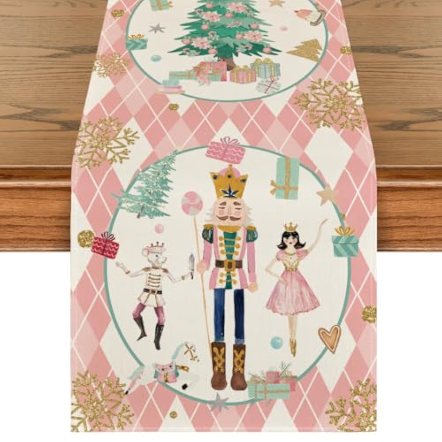 Pink Diamond Plaid Nutcracker Snowflake Christmas Table Runner, Seasonal Winter Kitchen Dining Table Decoration For Home Party Decor 13X72 Inch