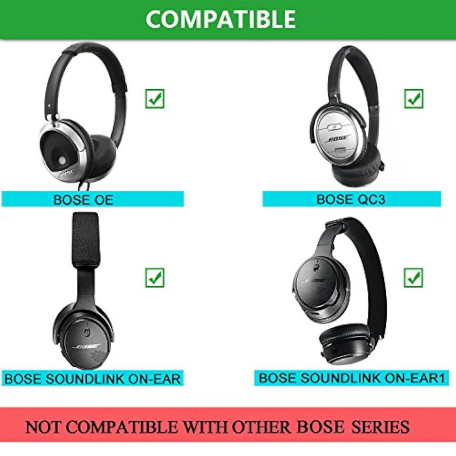 Qc3 Earpads, Replacement Pu Leather & Memory Foam Ear Cushions Cover Kit For Bose Quietcomfort 3, On Ear, Oe, Oe1 Headphones Only (Black)