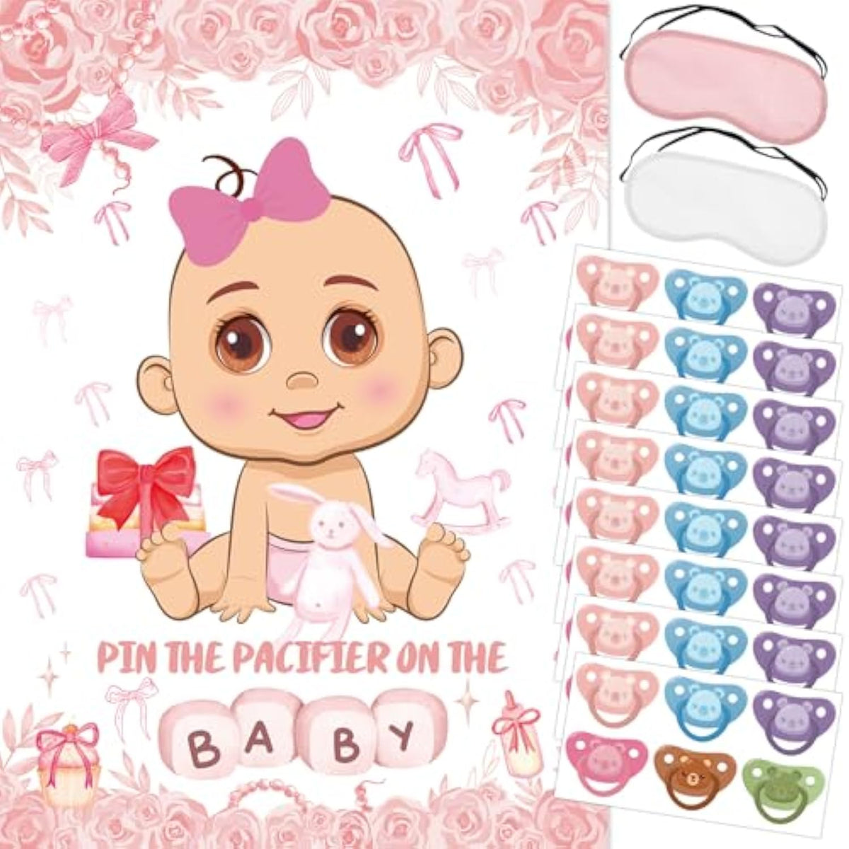 Pin The Pacifier On The Baby Party Games, Pink Baby Shower Decoration Bow Party Decorations With Large Poster 48 Pacifier Stickers Game For Baby Shower Party Bow Coquette Birthday Decorations