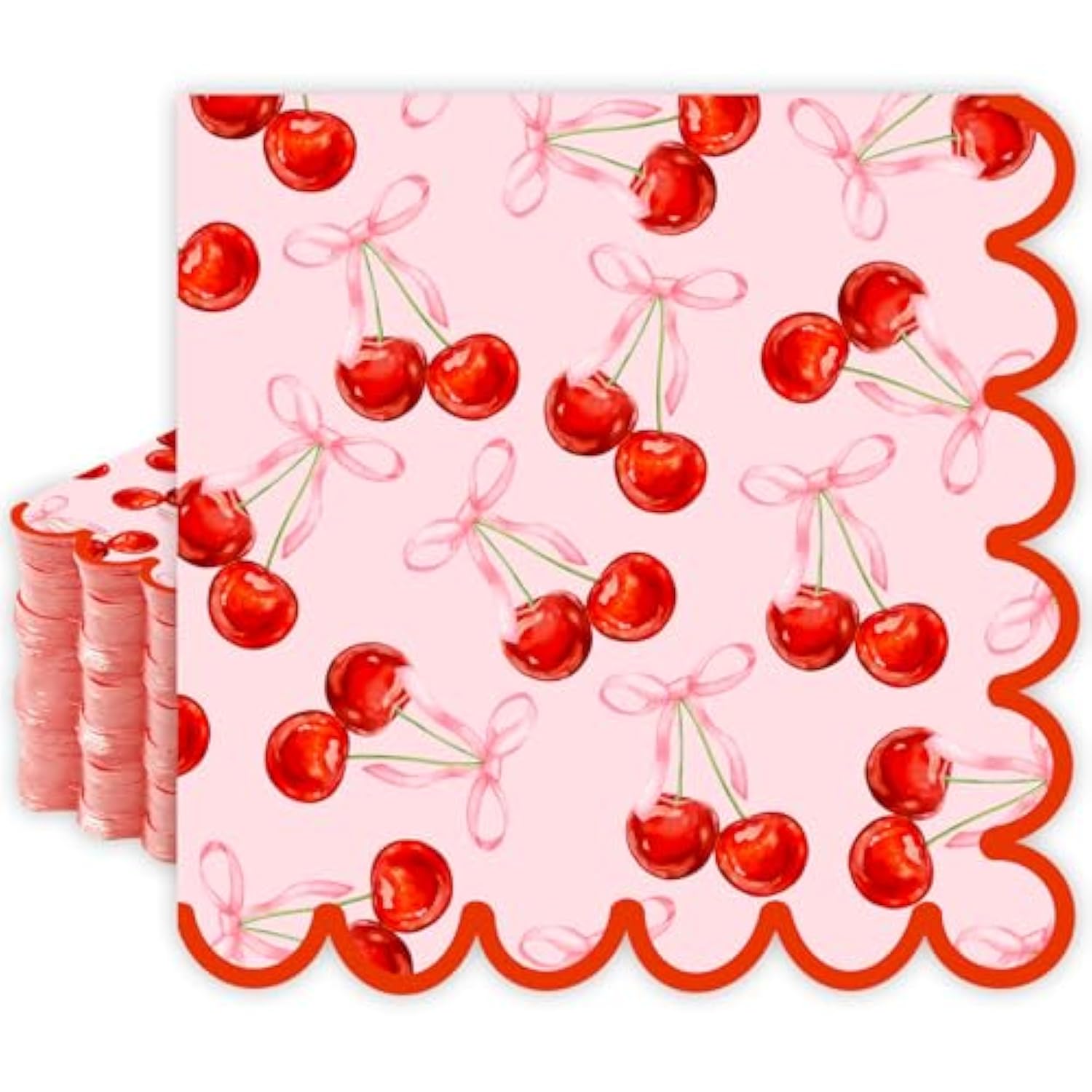 50Pcs Pink Bow Cherry Napkins Cherry Party Decorations Coquette Cute Scalloped Edge Paper Luncheon Dinner Napkins For Wedding Birthday Party Table Supplies